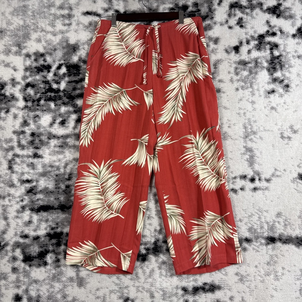 New Banana‎ Bay Pants Womens Size Medium Red Floral Wide Leg Drawstring Hippie